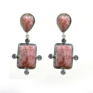Handmade Rhodochrosite Dangle Earrings: Sterling Silver CZ Gemstone